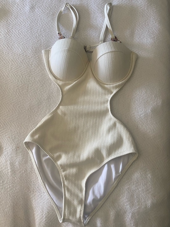 none Other - Cream Ribbed Cutout One-Piece Swimsuit with Molded Cups